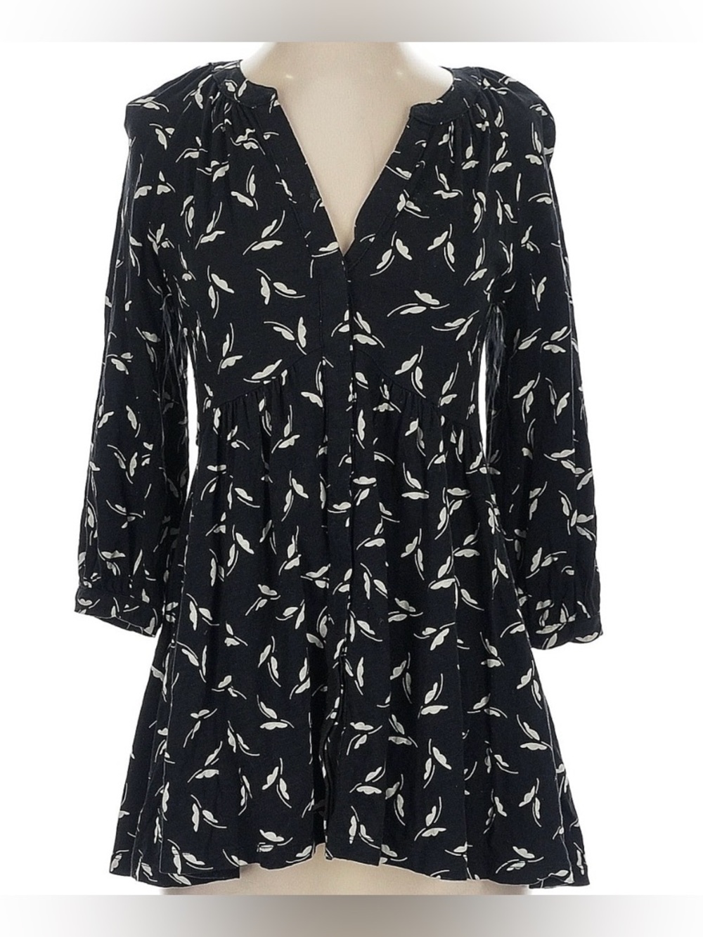 Maeve Black White Print Cotton Mini Dress XS 3/4 Sleeve Babydoll - Picture 2 of 6